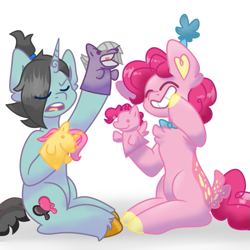 Size: 787x787 | Tagged: safe, artist:flower-black, derpibooru exclusive, imported from derpibooru, oc, oc:flower black, earth pony, unicorn, disguise, disguised changeling, not pinkie pie, puppet