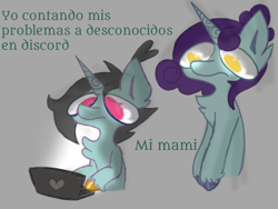 Size: 1440x1080 | Tagged: safe, artist:flower-black, derpibooru exclusive, imported from derpibooru, oc, oc:flower black, unnamed oc, computer, female, laptop computer, mother and child, mother and daughter, spanish, translated in the comments