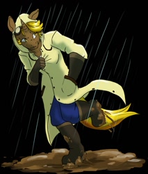 Size: 1092x1280 | Tagged: safe, artist:ketzel99, imported from derpibooru, oc, oc only, oc:golden gear, anthro, unicorn, anthro oc, black background, boots, horn, mud, raincoat, shoes, simple background, solo, unicorn oc