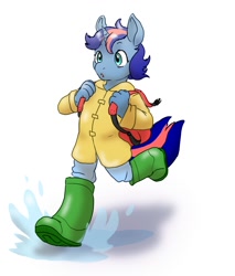 Size: 1092x1280 | Tagged: safe, artist:ketzel99, imported from derpibooru, oc, oc only, oc:ryo, anthro, unicorn, anthro oc, backpack, clothes, horn, puddle, rain boots, raincoat, simple background, solo, unicorn oc, water, white background