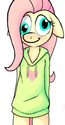 Size: 371x707 | Tagged: safe, artist:apony, imported from derpibooru, fluttershy, semi-anthro, clothes, derp, explicit source, floppy ears, hoodie, simple background, solo, white background