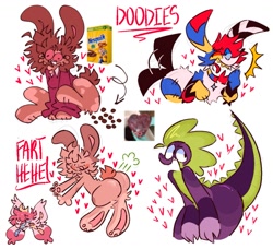 Size: 1200x1094 | Tagged: source needed, useless source url, safe, artist:juicy zone, imported from derpibooru, spike, oc, cat, dog, dragon, hybrid, rabbit, semi-anthro, animal, cereal, doodle, drugs, fangs, fart, fart cloud, female, food, furry, group, heart, implied pooping, male, marijuana, nesquik, non-mlp oc, open mouth, simple background, smiling, text, white background