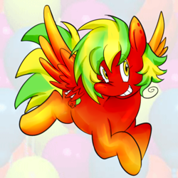 Size: 1000x1000 | Tagged: safe, artist:xxitachiuchihaloverxx, imported from derpibooru, oc, oc only, oc:balloon chaser, pegasus, pony, colored wings, female, gradient hooves, gradient wings, looking away, lying down, multicolored hair, smiling, solo, wings