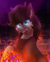 Size: 2333x2872 | Tagged: safe, artist:thatonefluffs, imported from derpibooru, oc, oc:misanthropic misery, pony, chin fluff, clothes, ear piercing, earring, fire, jewelry, looking at you, nose piercing, overalls, piercing, ponysona, shading, sharp teeth, solo, teeth, watermark