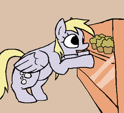 Size: 445x405 | Tagged: safe, artist:trfur, imported from derpibooru, derpy hooves, pegasus, pony, female, food, looking at something, mare, muffin, open mouth, open smile, smiling, solo