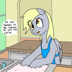 Size: 1200x1200 | Tagged: safe, artist:pony quarantine, imported from derpibooru, derpy hooves, pegasus, pony, apron, bipedal, clothes, derpy being derpy, dialogue, dishwashing, eye clipping through hair, female, mare, silly, sink, solo, speech bubble