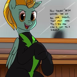 Size: 1200x1200 | Tagged: safe, artist:pony quarantine, imported from derpibooru, lightning dust, pegasus, pony, bar, clothes, dialogue, female, mare, open mouth, open smile, sitting, smiling, solo, talking to viewer, uniform, washouts uniform