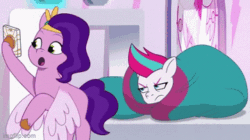 Size: 360x202 | Tagged: safe, imported from derpibooru, screencap, pipp petals, zipp storm, pegasus, pony, spoiler:g5, spoiler:my little pony: tell your tale, spoiler:tyts01e41, a day in the life, adorapipp, animated, annoyed, bed, bedroom, blanket, cute, duo, duo female, female, flapping, flying, frown, g5, gif, happy, imgflip, jewelry, mare, my little pony: tell your tale, phone, royal sisters (g5), siblings, sisters, tiara, unamused, zipp storm is not amused