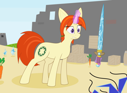 Size: 6440x4712 | Tagged: safe, artist:modera, imported from derpibooru, oc, oc:sprocket, pony, unicorn, angry, carrot, food, horse game, magic, sword, telekinesis, weapon