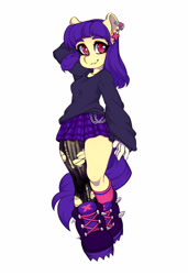 Size: 2250x3294 | Tagged: safe, artist:tolsticot, imported from derpibooru, oc, oc only, anthro, earth pony, boots, clothes, ear piercing, earring, jewelry, looking at you, piercing, plaid skirt, ripped stockings, shoes, skirt, smiling, solo, stockings, sweater, thigh highs, torn clothes