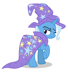 Size: 5352x5634 | Tagged: safe, alternate version, artist:gypsykumquat, imported from derpibooru, trixie, pony, unicorn, no second prances, .svg available, cape, clothes, female, hat, inkscape, looking at you, looking back, looking back at you, one eye closed, raised hoof, rear view, show accurate, simple background, smiling, smiling at you, solo, transparent background, trixie's cape, trixie's hat, vector, wink, winking at you