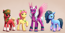 Size: 2500x1280 | Tagged: safe, artist:luminousdazzle, imported from derpibooru, opaline arcana, sprout cloverleaf, alicorn, earth pony, pony, unicorn, spoiler:g5, adventure in the comments, antagonist, bow, bracelet, colored wings, cornrows, emperor sprout, eyebrows, eyeshadow, female, frown, g5, glasses, gradient hooves, grin, group, hair bow, height difference, jewelry, looking at you, makeup, male, mare, misty brightdawn, multicolored wings, necklace, one of these things is not like the others, ponytail, posey bloom, quartet, raised hoof, shadow, shy, simple background, smiling, smiling at you, smirk, spread wings, stallion, tail, tan background, unshorn fetlocks, wall of tags, wavy mane, wavy tail, wings