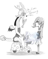 Size: 530x648 | Tagged: safe, artist:missstoryholic, imported from derpibooru, discord, draconequus, human, twilight's kingdom, blythe baxter, crossover, dialogue, duo, duo male and female, female, helmet, littlest pet shop, looking at each other, looking at someone, male, monochrome, scooter, simple background, unamused, white background