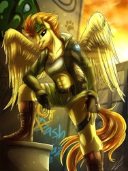 Size: 3000x4000 | Tagged: safe, artist:lupiarts, imported from derpibooru, spitfire, anthro, pegasus, plantigrade anthro, abs, belly button, boots, clothes, clover, fingerless gloves, fitfire, flower, flower in hair, four leaf clover, gloves, graffiti, grin, looking at you, midriff, muscles, shoes, shorts, smiling, solo, sun, wall