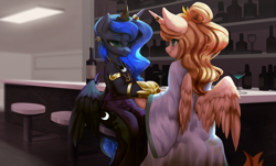 Size: 3378x2043 | Tagged: safe, artist:theprince, imported from derpibooru, princess luna, oc, alicorn, semi-anthro, alcohol, alicorn oc, bar, clothes, dress, ear piercing, earring, horn, horn ring, jewelry, lidded eyes, piercing, ring, smiling, spread wings, wings