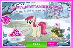 Size: 1961x1300 | Tagged: safe, imported from derpibooru, roseluck, earth pony, pony, advertisement, background character, background pony, bush, costs real money, english, female, flower, gameloft, gem, magic, mare, mobile game, my little pony: magic princess, numbers, official, sale, solo, solo focus, text