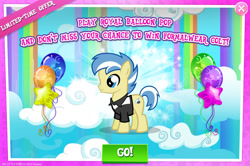 Size: 1956x1295 | Tagged: safe, imported from derpibooru, strike, earth pony, pony, advertisement, background character, background pony, balloon, balloon pop, clothes, colt, english, foal, gameloft, male, mobile game, my little pony: magic princess, numbers, official, shirt, solo, solo focus, stallion, text