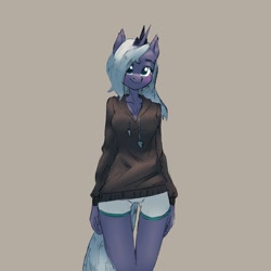 Size: 2172x2172 | Tagged: safe, artist:haku nichiya, imported from derpibooru, princess luna, alicorn, anthro, blushing, clothes, female, gray background, hoodie, horn, shorts, simple background, solo, thigh gap