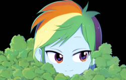 Size: 704x448 | Tagged: safe, editor:luckreza8, imported from derpibooru, rainbow dash, human, equestria girls, ai content, ai generated, anime, black background, bush, female, generator:pinegraph, hiding, simple background, solo