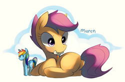 Size: 1330x880 | Tagged: safe, alternate version, artist:maren, imported from derpibooru, rainbow dash, scootaloo, pegasus, pony, 2013, blank flank, butt, cutie mark, female, filly, foal, lying down, mouth hold, old art, plot, plushie, prone, rainbow dash's cutie mark, scootabutt, simple background, solo, sticker, toy, wingless