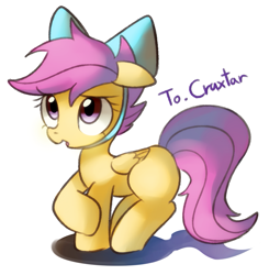 Size: 891x909 | Tagged: safe, artist:maren, imported from derpibooru, scootaloo, pegasus, pony, 2013, blank flank, bow, crossed hooves, cute, cutealoo, female, filly, floppy ears, foal, folded wings, hair bow, old art, open mouth, simple background, solo, standing, white background, wings