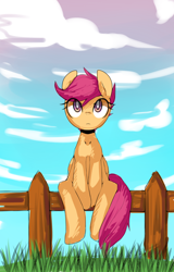 Size: 1182x1845 | Tagged: safe, artist:maren, imported from derpibooru, scootaloo, pegasus, pony, 2014, cloud, eye clipping through hair, female, fence, filly, foal, folded wings, frown, grass, looking up, old art, sitting, sketch, sky, solo, wings