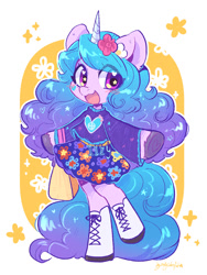 Size: 1024x1361 | Tagged: safe, artist:oofycolorful, imported from derpibooru, izzy moonbow, pony, semi-anthro, unicorn, :d, blushing, boots, clothes, cute, eye clipping through hair, flower, flower in hair, g5, happy, izzybetes, open mouth, open smile, shoes, simple background, skirt, smiling, solo, sweater, white background