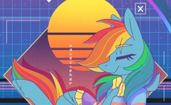 Size: 2424x1495 | Tagged: safe, artist:wavecipher, imported from derpibooru, rainbow dash, pegasus, pony, eyes closed, smiling, solo, synthwave, wip