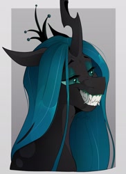 Size: 1632x2244 | Tagged: safe, artist:superduperath, imported from derpibooru, queen chrysalis, changeling, changeling queen, big grin, fangs, grin, lidded eyes, long fangs, sharp teeth, smiling, solo, teeth