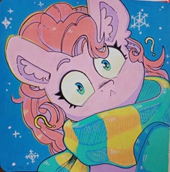 Size: 2030x2048 | Tagged: safe, artist:krista-21, imported from derpibooru, pinkie pie, earth pony, pony, :<, clothes, ear fluff, question mark, scarf, snow, snowfall, snowflake, solo, striped scarf, traditional art, wide eyes