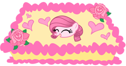 Size: 3444x1812 | Tagged: safe, artist:tanahgrogot, imported from derpibooru, oc, oc only, oc:annisa trihapsari, earth pony, pony, party of one, ^^, birthday cake, cake, cute, earth pony oc, eyes closed, female, flower, food, heart, ibispaint x, mare, ocbetes, open mouth, open smile, pink body, pink mane, pretty, rose, simple background, smiling, solo, transparent background