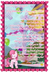 Size: 1816x2660 | Tagged: safe, artist:tanahgrogot, imported from derpibooru, oc, oc only, oc:annisa trihapsari, earth pony, pony, balloon, birthday card, box, cake, canterlot, cute, earth pony oc, eyes closed, female, food, grin, gritted teeth, heart, looking at you, mare, ocbetes, one eye closed, pretty, smiling, smiling at you, solo, teeth