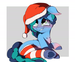 Size: 1600x1332 | Tagged: safe, artist:abracadabra, imported from derpibooru, pony, unicorn, blushing, christmas, clothes, cute, floppy ears, freckles, g4, g5, hat, holiday, hoof heart, misty brightdawn, mistybetes, santa hat, smiling, socks, solo, striped socks, underhoof, unshorn fetlocks