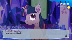 Size: 4124x2329 | Tagged: safe, artist:dariosparks, imported from derpibooru, twilight sparkle, alicorn, pony, female, high res, looking at you, mare, persona, persona 3, shin megami tensei, smiling, solo, text, twilight sparkle (alicorn), twilight's castle