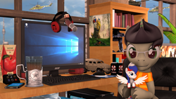 Size: 2920x1642 | Tagged: safe, artist:morozovbrony, imported from derpibooru, oc, oc only, oc:marussia, oc:morozov, pegasus, pony, robot, unicorn, 3d, bookshelf, cellphone, city, clothes, computer, computer mouse, ed-209, glasses, gravity falls, headphones, helicopter, horn, juice, keyboard, medkit, mi-26, nation ponies, ostankino tv tower, phone, poster, russia, scarf, skybox, source filmmaker, tank t-90, umbrella corporation, vehicle, wings