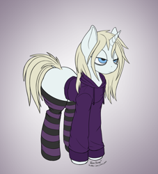 Size: 1000x1100 | Tagged: safe, artist:jessijinx, imported from derpibooru, oc, oc only, oc:synthwave, pony, unicorn, /mlp/, 4chan, bags under eyes, blonde, blonde mane, blonde tail, bored, butt, clothes, dock, eyelashes, femboy, girly, hoodie, large butt, male, neet, ponybooru import, sketch, socks, solo, stallion, standing, striped socks, tail, thighs, thunder thighs, tired, trap, wide hips