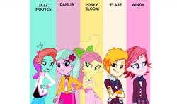 Size: 1163x687 | Tagged: safe, artist:kylexisliner, imported from derpibooru, human, equestria girls, clothes, crystal prep academy uniform, dahlia, equestria girls-ified, female, flare (g5), g5, g5 to equestria girls, generation leap, group, jazz hooves, posey bloom, quintet, school uniform, windy (g5)