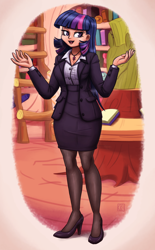 Size: 1460x2350 | Tagged: safe, artist:king-kakapo, imported from derpibooru, twilight sparkle, human, blouse, book, business suit, button-up shirt, clothes, cutie mark accessory, dress shirt, female, golden oaks library, high heels, humanized, jewelry, librarian, library, necklace, pantyhose, shirt, shoes, shrug, skirt, skirt suit, smug, solo, suit