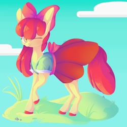 Size: 1000x1000 | Tagged: safe, artist:jinkling, imported from derpibooru, apple bloom, earth pony, pony, apple bloom's bow, bow, clothes, cloud, dress, female, filly, foal, grass, hair bow, hoof polish, one eye closed, raised hoof, sky, smiling, solo, wink