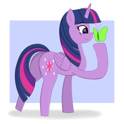 Size: 3000x3000 | Tagged: safe, artist:happyb0y95, imported from derpibooru, twilight sparkle, alicorn, butterfly, pony, abstract background, butt, cute, eyebrows, eyebrows visible through hair, eyelashes, female, high res, horn, mare, plot, raised hoof, raised leg, shadow, smiling, twiabetes, twilight sparkle (alicorn), wings