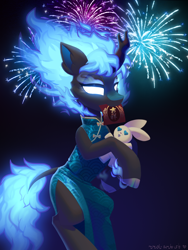 Size: 1500x2000 | Tagged: safe, artist:rrd-artist, imported from derpibooru, oc, oc only, oc:frosty tundra, kirin, nirik, cheongsam, chinese new year, clothes, cloven hooves, dress, fire, fireworks, plushie