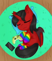 Size: 1487x1760 | Tagged: safe, artist:foxx_grey_art, imported from derpibooru, oc, oc only, alicorn, bat pony, bat pony alicorn, pony, bat wings, black mane, clothes, commission, controller, horn, phone, pillow, rainbow socks, red coat, sleeping, socks, striped socks, wings, ych result, your character here