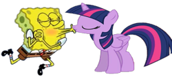 Size: 1306x590 | Tagged: safe, edit, edited screencap, imported from derpibooru, screencap, twilight sparkle, alicorn, pony, background removed, crossover, crossover shipping, cursed image, kiss on the lips, kissing, needs more jpeg, shipping, simple background, spongebob squarepants, spongebob squarepants (character), spongetwi, transparent background, twilight sparkle (alicorn)