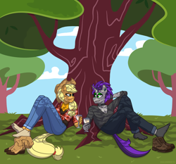 Size: 2230x2077 | Tagged: safe, artist:shallowwin, imported from derpibooru, applejack, oc, oc:freako, anthro, earth pony, plantigrade anthro, unicorn, barefoot, boots, canon x oc, clothes, commission, cowboy hat, drink, duo, farm, feet, female, hat, looking at each other, looking at someone, male, resting, shoes, straight, tree, under the tree, working