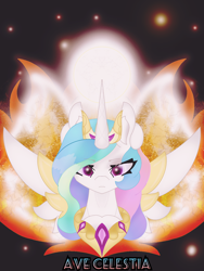 Size: 1080x1440 | Tagged: safe, artist:sodapop sprays, imported from derpibooru, princess celestia, alicorn, pony, bust, crown, digital art, eye clipping through hair, eyebrows, eyebrows visible through hair, female, fire, frown, jewelry, looking at you, mare, phone wallpaper, regalia, solo, space, spread wings, stern, sun, wallpaper, wings