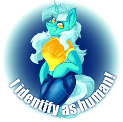 Size: 8601x8513 | Tagged: safe, artist:dankpegasista, imported from derpibooru, lyra heartstrings, anthro, pony, unicorn, absurd resolution, arm hooves, background pony, blue background, caption, clothes, denim, digital art, ear fluff, eye clipping through hair, eyelashes, female, heart, heart eyes, highlights, image macro, jeans, lineart, long hair, looking at you, mare, orange eyes, pants, png, s.m.i.l.e., shirt, simple background, smiling, smiling at you, solo, sticker, text, that pony sure does love humans, transparent background, wingding eyes