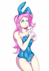 Size: 2782x4008 | Tagged: safe, artist:crosslineanimator, imported from derpibooru, angel bunny, fluttershy, human, rabbit, animal, bunny girl, bunny suit, bunnyshy, clothes, digital art, humanized, simple background, white background