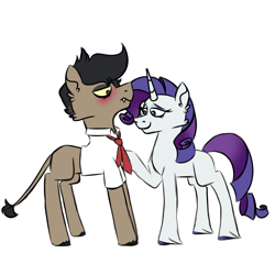 Size: 900x900 | Tagged: safe, artist:fuckomcfuck, imported from derpibooru, rarity, oc, oc:pog champ, earth pony, pony, unicorn, blushing, canon x oc, duo, fangs, height difference, necktie, simple background, white background