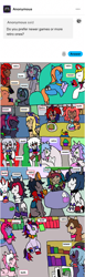 Size: 1172x3818 | Tagged: safe, artist:ask-luciavampire, imported from derpibooru, oc, alicorn, changeling, demon, demon pony, earth pony, kirin, pegasus, pony, succubus, undead, unicorn, vampire, vampony, ask, cafe, game, tumblr