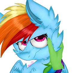 Size: 983x957 | Tagged: safe, artist:4agonism, derpibooru exclusive, imported from derpibooru, rainbow dash, oc, oc:anon, human, pegasus, pony, :c, :t, >:c, >:t, bust, cheek fluff, chest fluff, chin fluff, duo, ear fluff, eyelashes, frown, holding head, looking sideways, male, nose wrinkle, offscreen character, offscreen human, offscreen male, signature, simple background, spread wings, wavy mouth, white background, wings